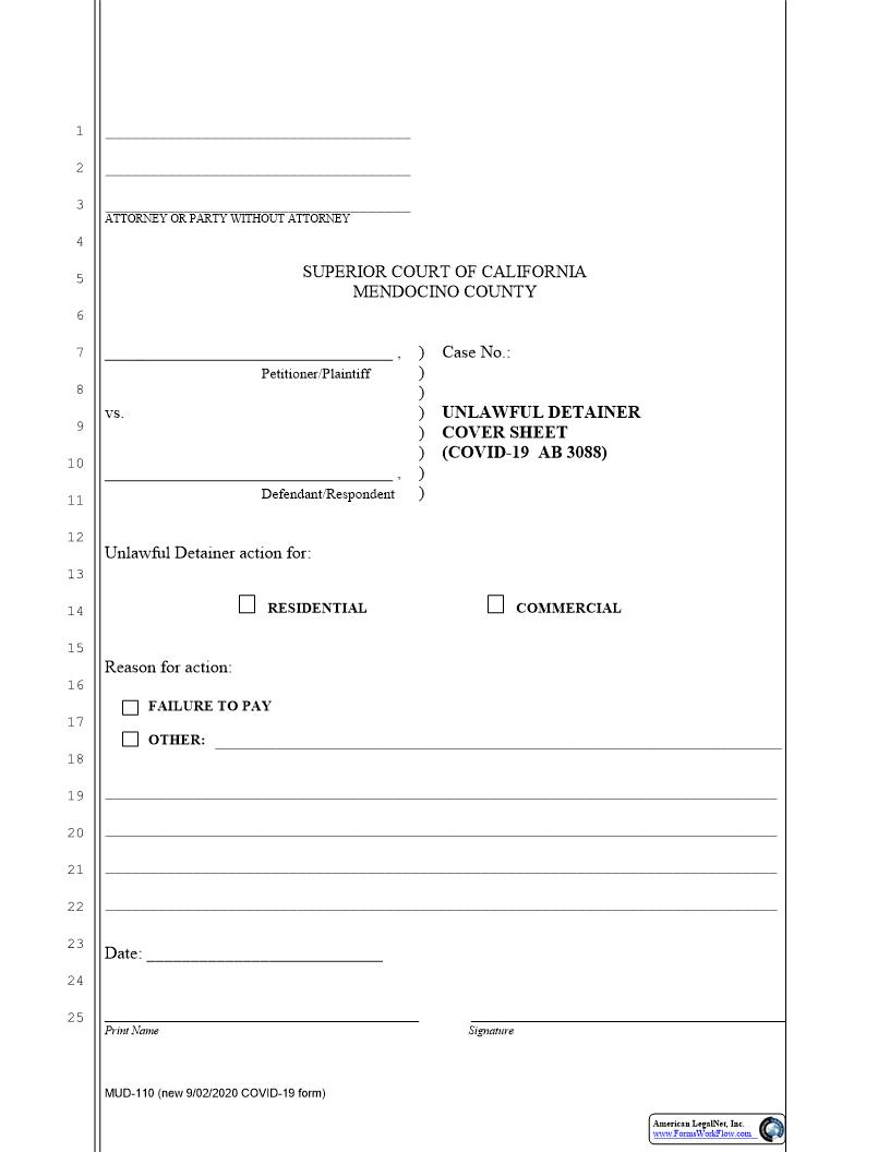 Unlawful Detainer Cover Sheet {MUD-110} | Pdf Fpdf Docx | California