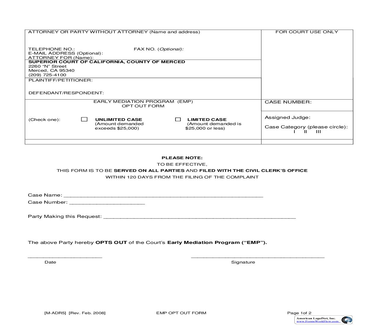 Early Mediation Program (EMP) Opt Out Form {M-ADR5} | Pdf Fpdf Doc Docx | California