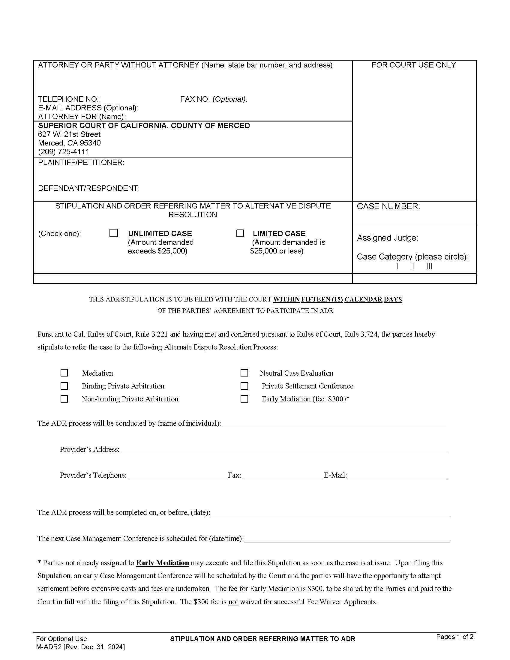Stipulation And Order Referring Matter To ADR {M-ADR2} | Pdf Fpdf Doc Docx | California