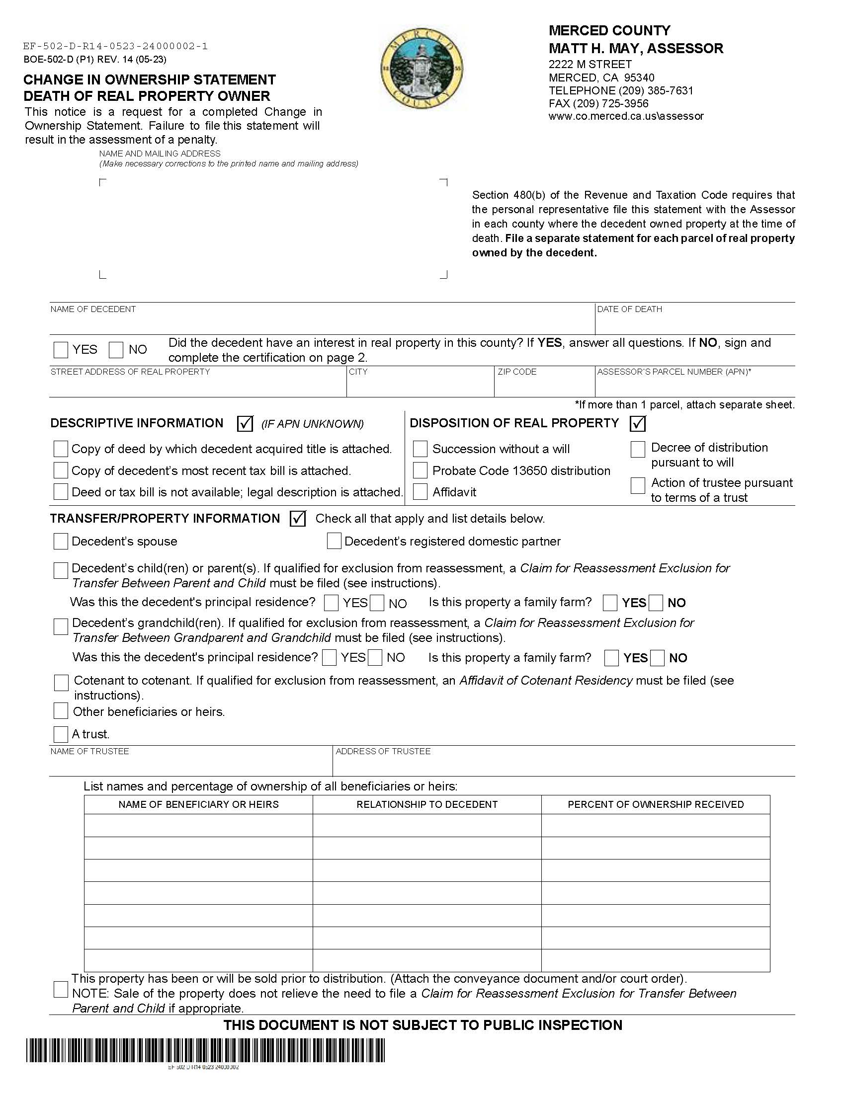 Change In Ownership Statement Death Of Real Property Owner (Merced) {BOE-502-D} | Pdf Fpdf Docx | California