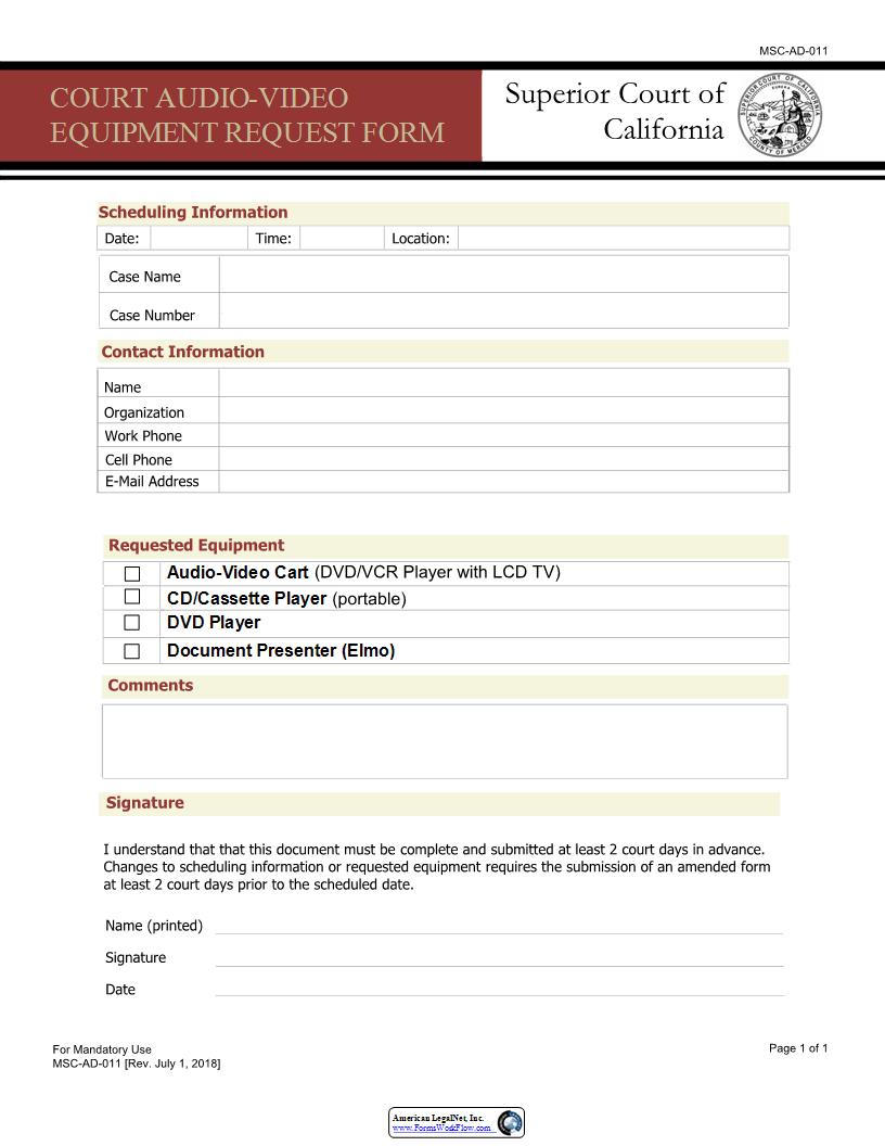 Court Audio-Video Equipment Request Form {MSC-AD-011} | Pdf Fpdf Docx | California