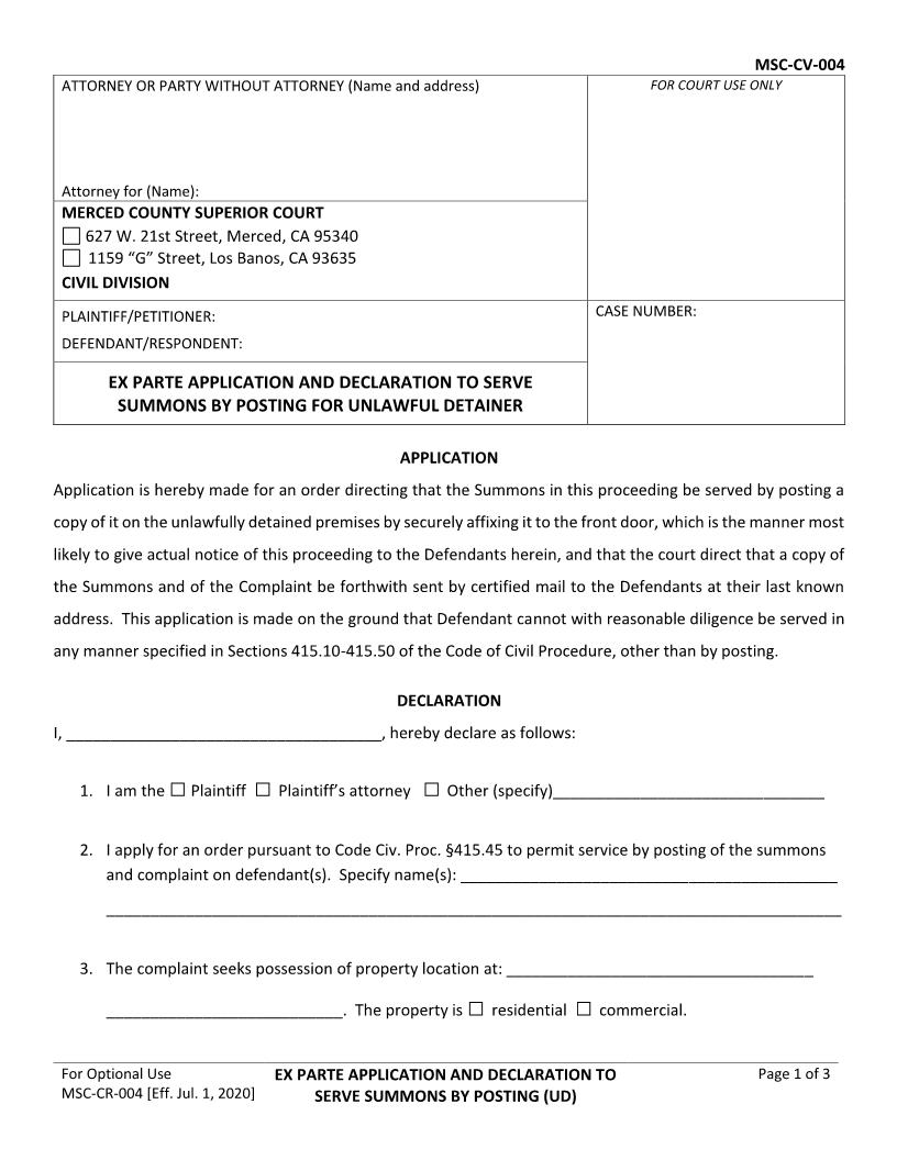 Ex Parte Application And Declaration To Serve Summons By Posting (UD) {MSC-CV-004} | Pdf Fpdf Docx | California