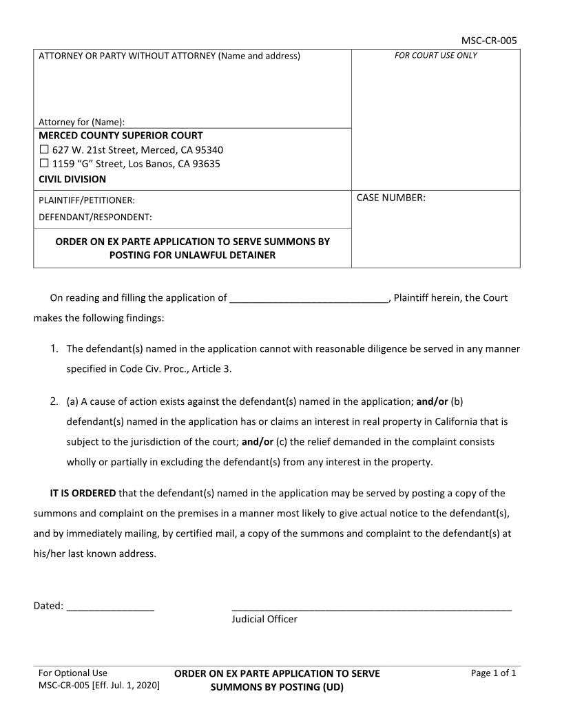 Order On Ex Parte Application To Serve Summons By Posting-Unlawful Detainer {MSC-CV-005} | Pdf Fpdf Docx | California