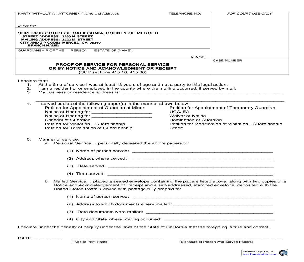Proof Of Service For Personal Service Or By Notice And Acknowledment Or Receipt |  | California