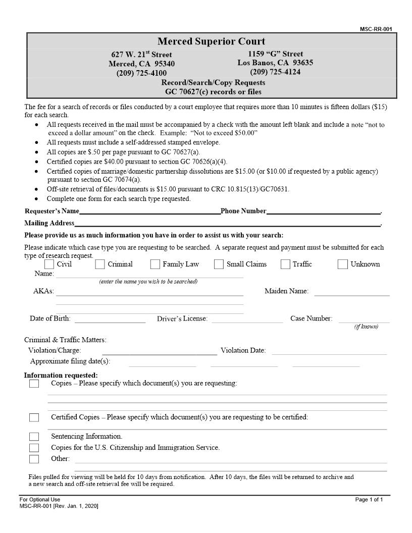 Record-Search-Copy Request Form {MSC-RR-001} | Pdf Fpdf Docx | California