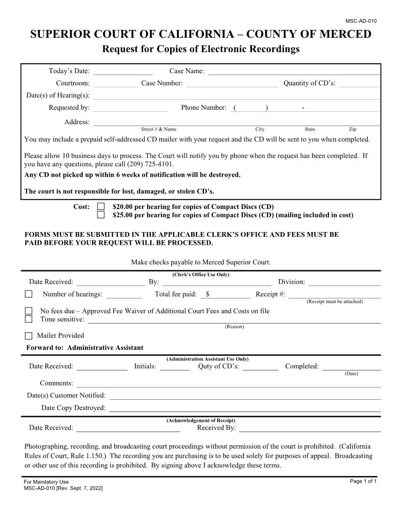 Request For Copies Of Electronic Recordings {MSC-AD-010} | Pdf Fpdf Docx | California