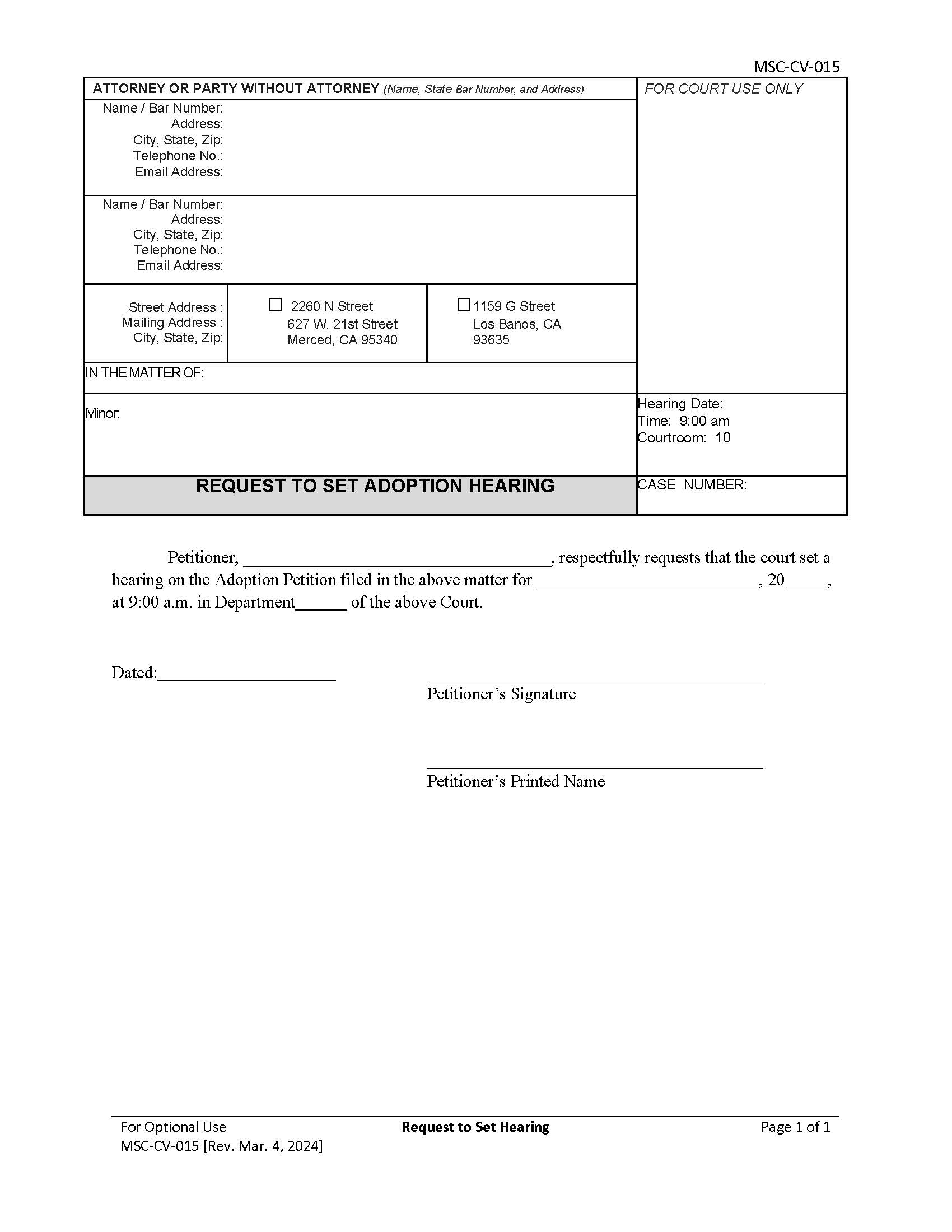 Request To Set Adoption Hearing {MSC-CV-015} | Pdf Fpdf Docx | California