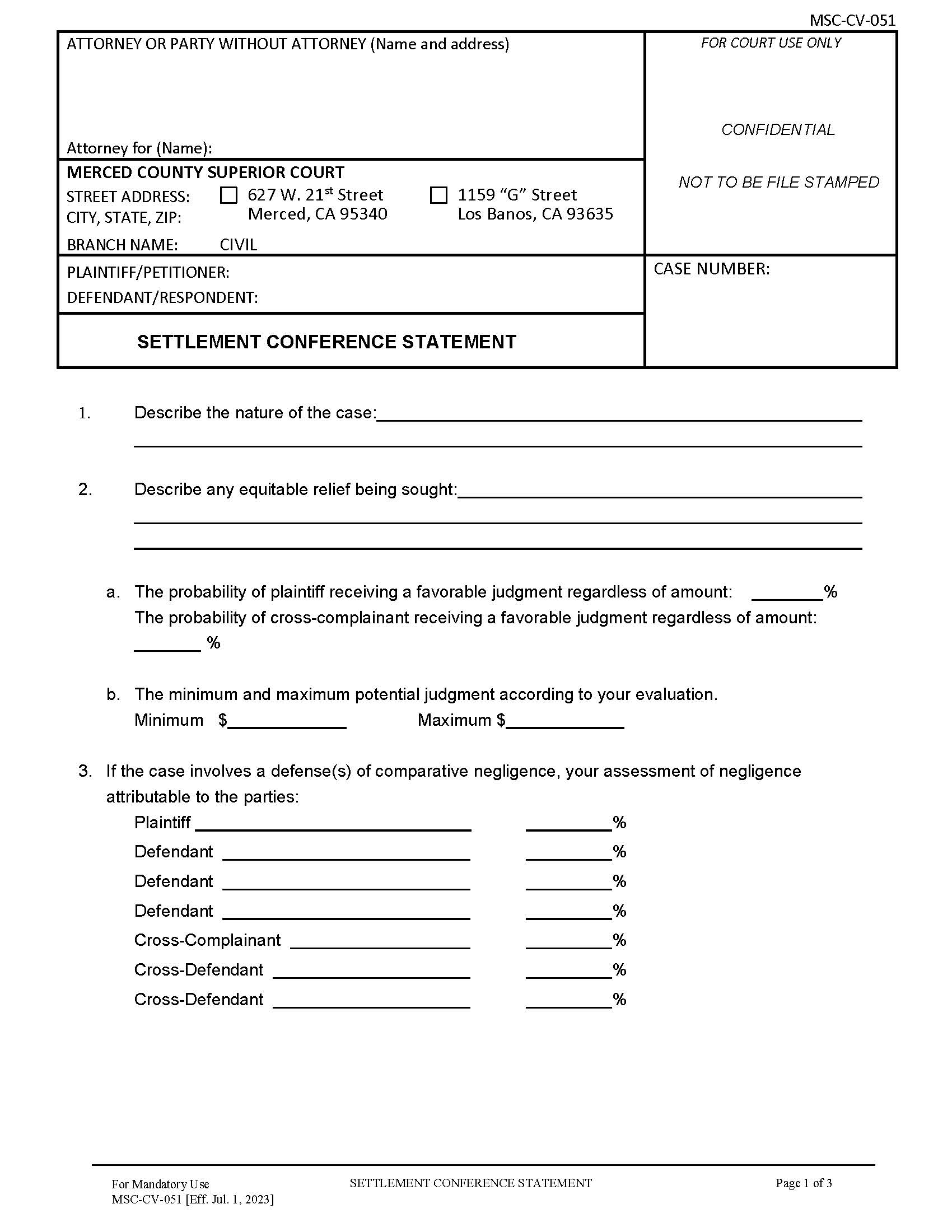 Settlement Conference Statement {MSC-CV-051} | Pdf Fpdf Docx | California