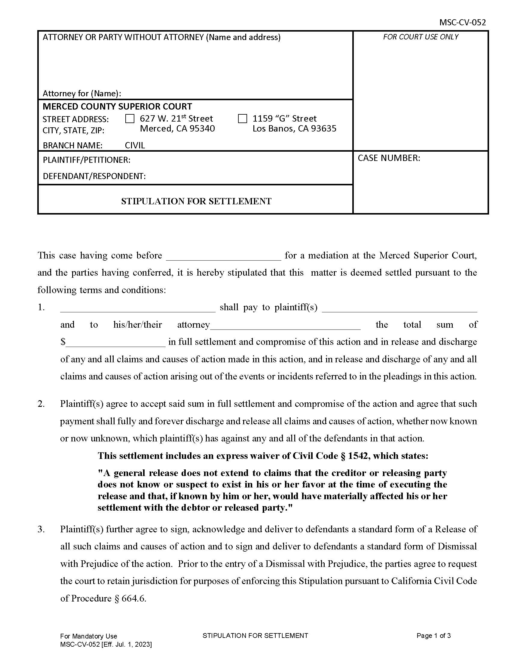 Stipulation For Settlement {MISC-VC-052} | Pdf Fpdf Docx | California