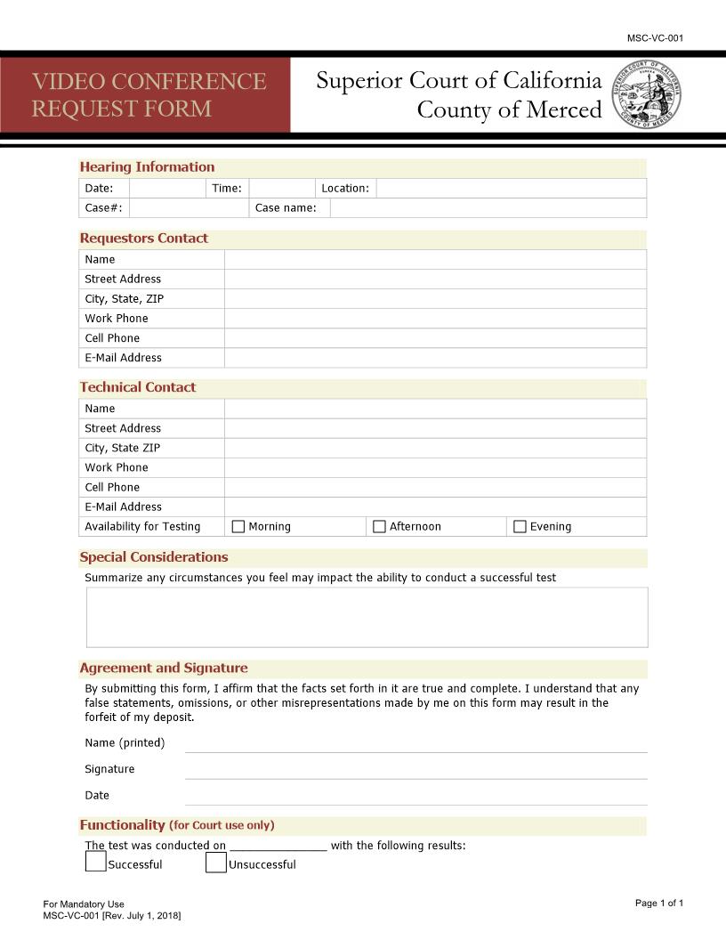 Video Conference Request Form {MSC-VC-001} | Pdf Fpdf Docx | California