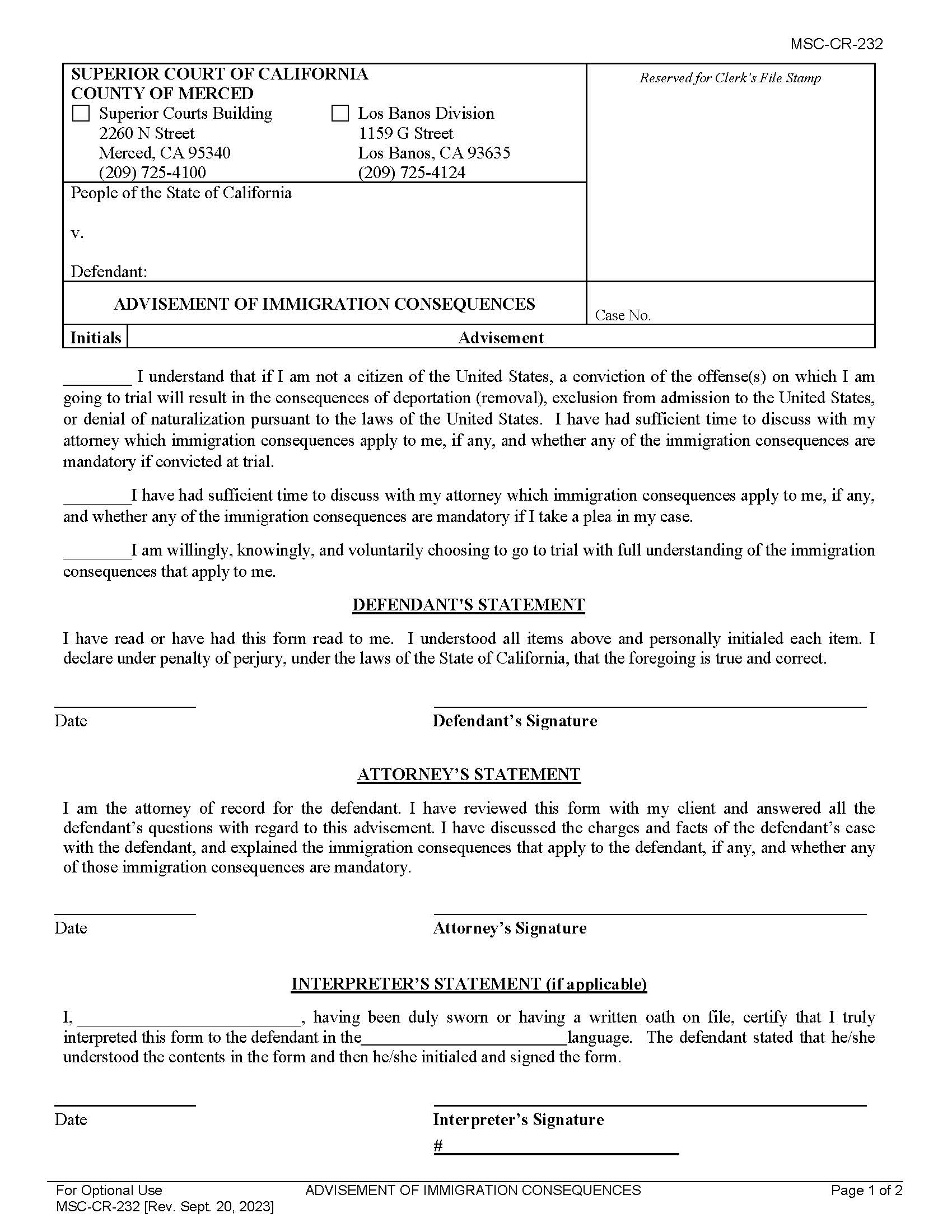 Advisement Of Immigration Consequences {MSC-CR-232} | Pdf Fpdf Docx | California