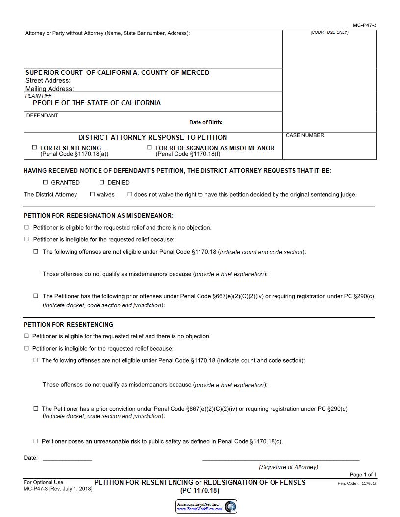 District Attorney Response To Petition {MC-P47-3} | Pdf Fpdf Doc Docx | California