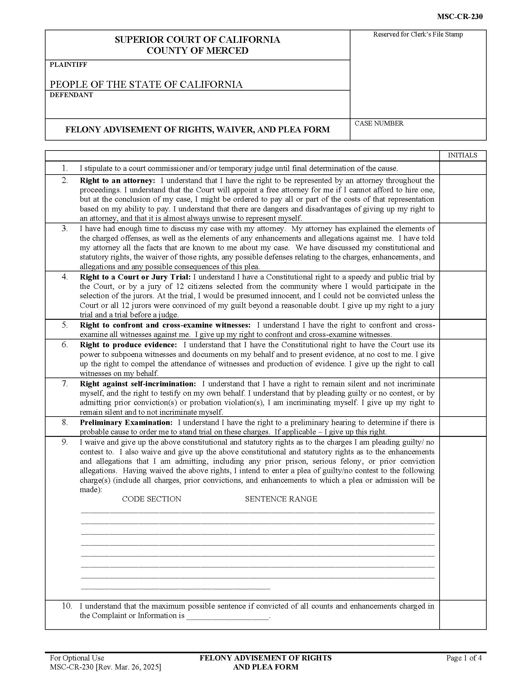Felony Advisement Of Rights Waiver And Plea Form {MSC-CR-230} | Pdf Fpdf Docx | California