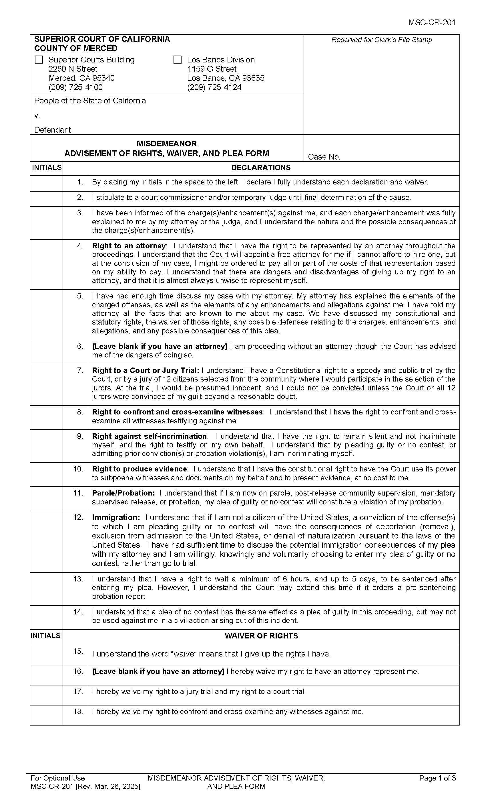 Misdemeanor Advisement Of Rights Waiver And Plea Form {MSC-CR-201} | Pdf Fpdf Docx | California