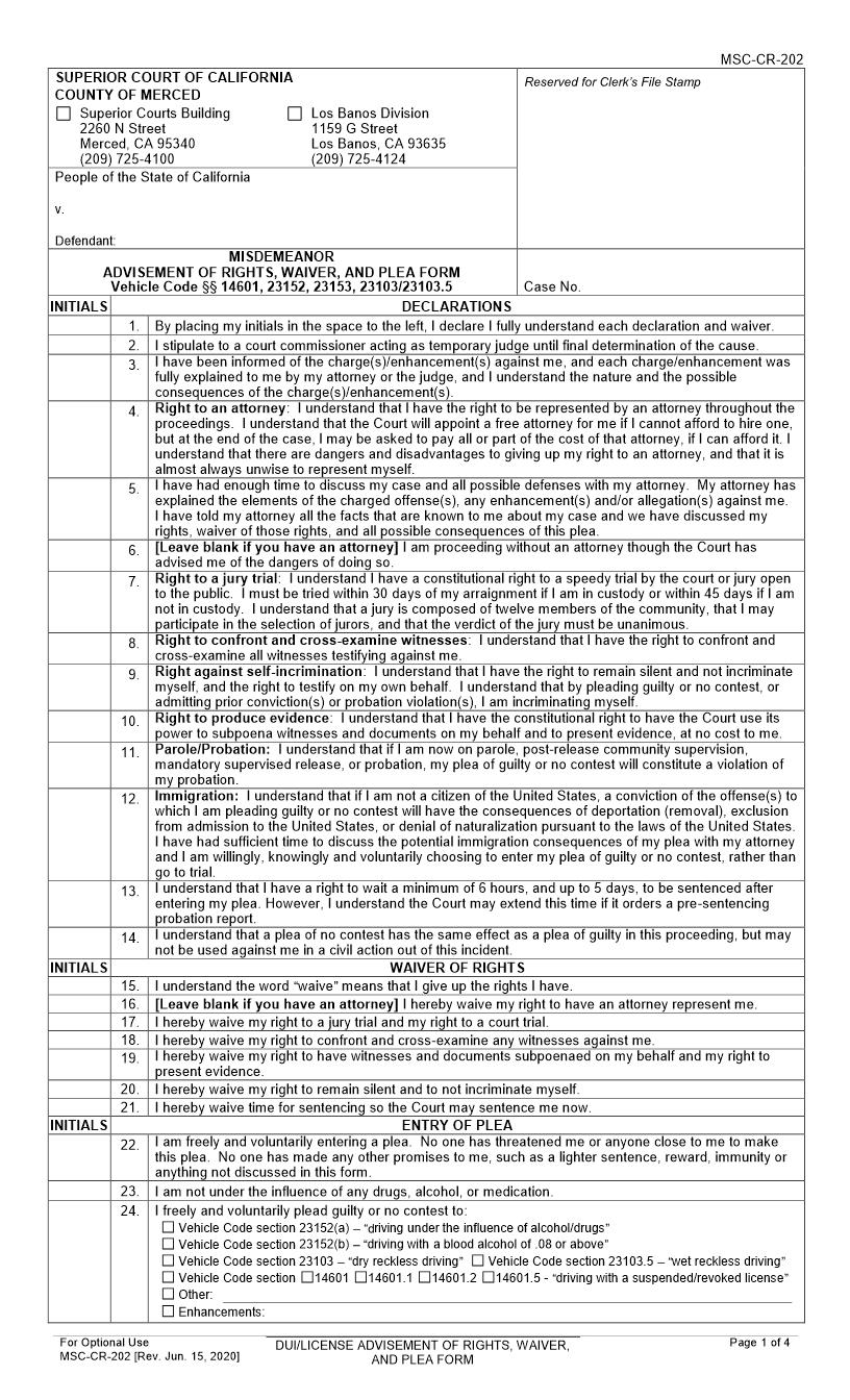 Misdemeanor Advisement Of Rights Waiver And Plea Form-DUI License {MSC-CR-202} | Pdf Fpdf Docx | California