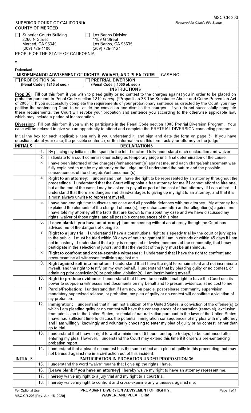 Misdemeanor Advisement Of Rights Waiver And Plea Form-Prop 36 PT Diversion {MSC-CR-203} | Pdf Fpdf Docx | California