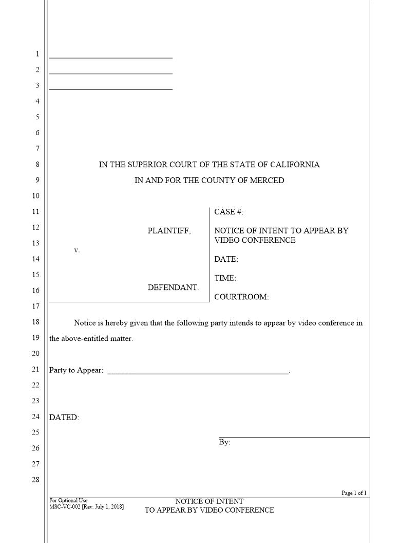 Notice Of Intent To Appear By Video Conference {MSC-VC-002} | Pdf Fpdf Docx | California