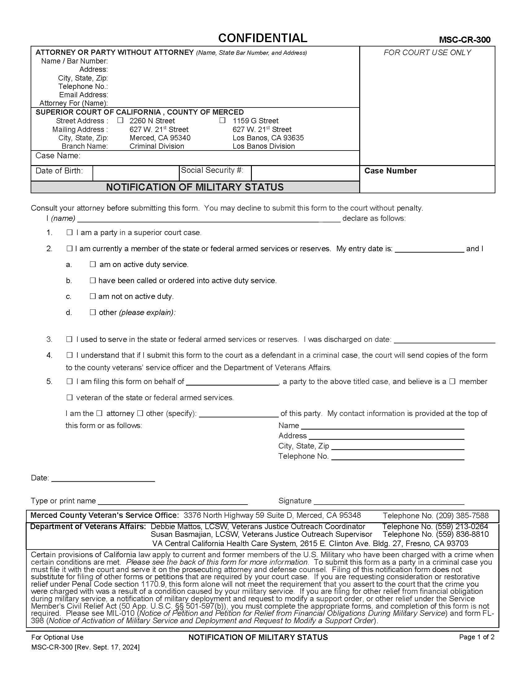 Notification Of Military Status {MSC-CR-300} | Pdf Fpdf Docx | California