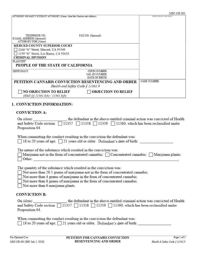 Petition For Cannabis Conviction Resentencing And Order {MSC-CR-001} | Pdf Fpdf Docx | California