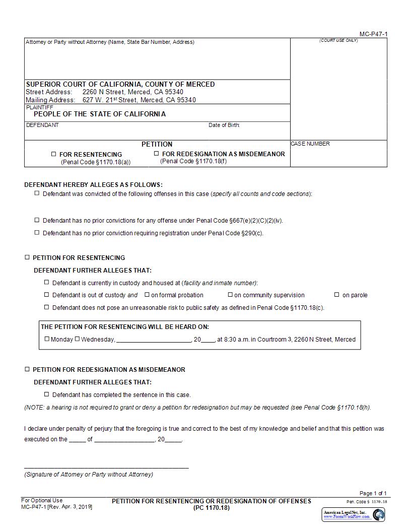 Petition For Resentencing Or Redesignation Of Offenses {MC-P47-1} | Pdf Fpdf Docx | California