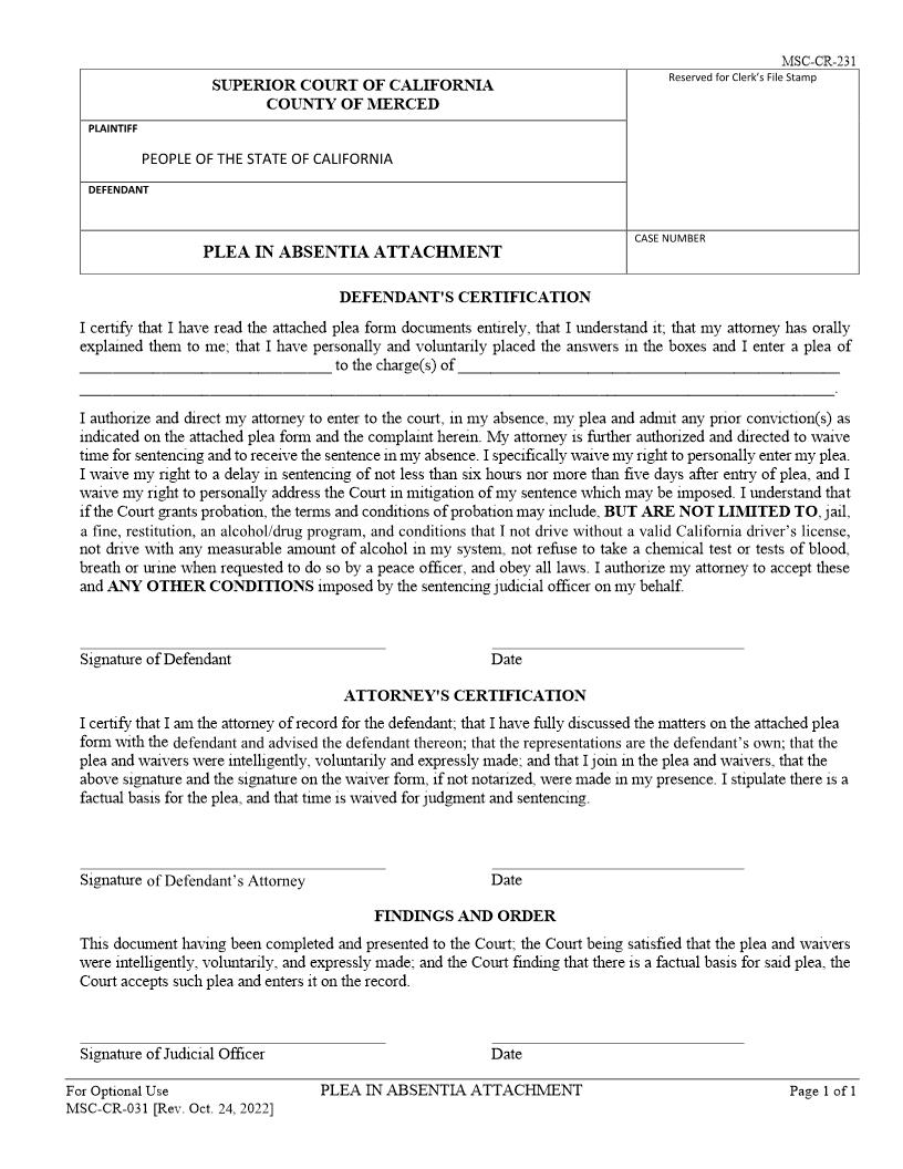 Plea In Absentia {CR-231} | Pdf Fpdf Docx | California