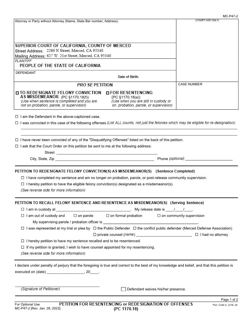 Pro Se Petition For Resentencing Or Redesignation Of Offenses {MC-P47-2} | Pdf Fpdf Doc Docx | California