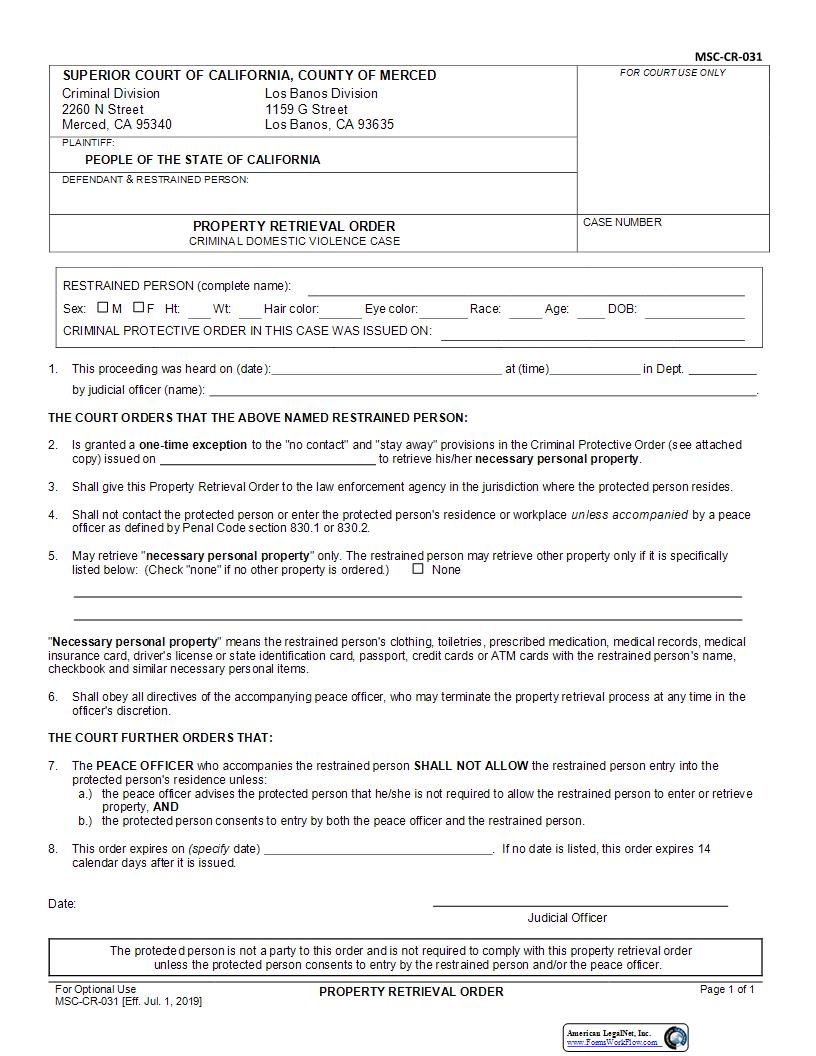 Property Retrieval Order {MSC-CR-031} | Pdf Fpdf Docx | California