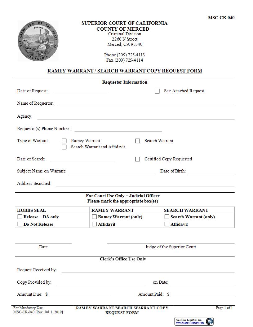 Ramey Warrant-Search Warrant Copy Request Form {MSC-CR-040} | Pdf Fpdf Docx | California