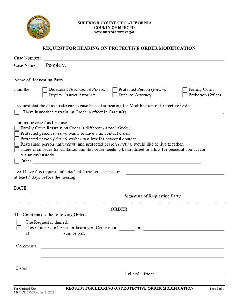 Request For Hearing On Protective Order Modification {MSC-CR-030} | Pdf Fpdf Docx | California