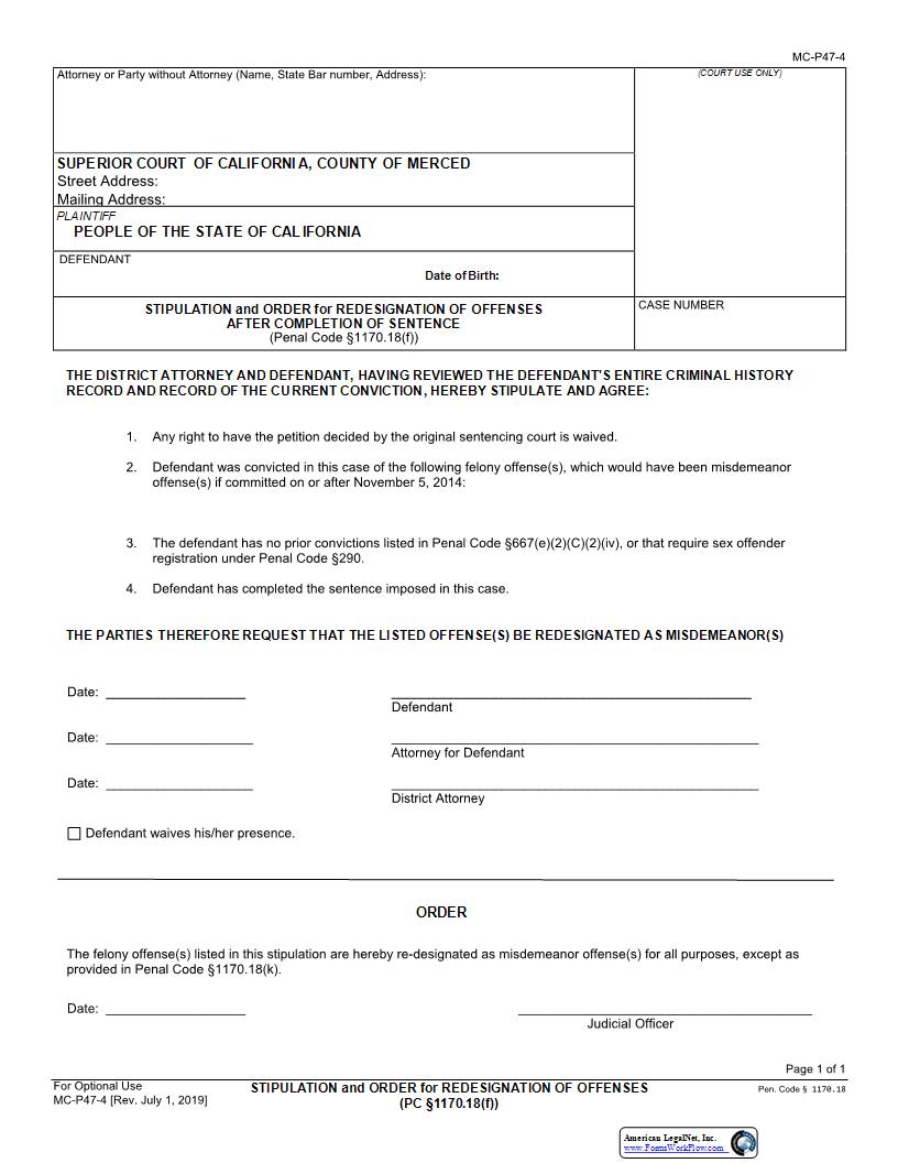 Stipulation And Order For Redesignation Of Offenses After Completion Of Sentence {MC-P47-4} | Pdf Fpdf Docx | California
