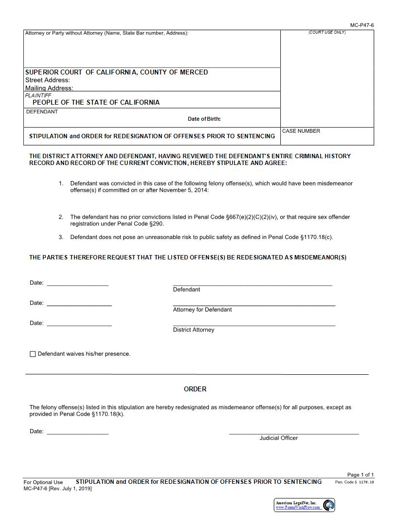 Stipulation And Order For Redesignation Of Offenses Prior To Sentencing {MC-P47-6} | Pdf Fpdf Docx | California