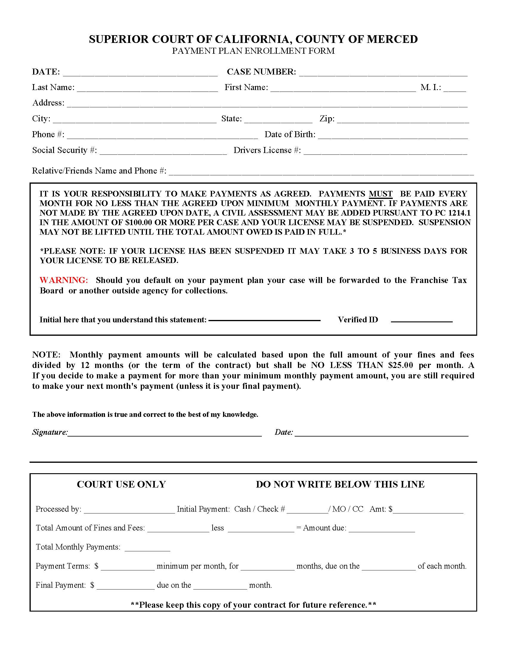 Traffic Payment Plan Enrollment Form {MSC-TF-001} | Pdf Fpdf Docx | California