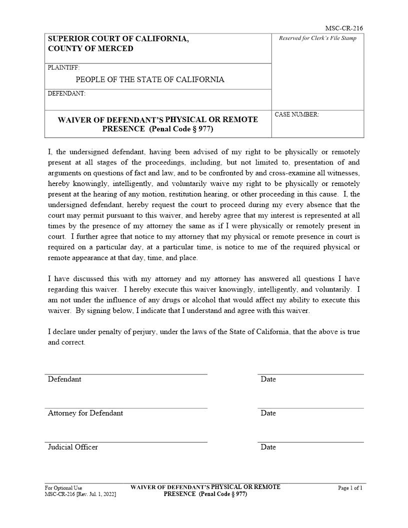 Waiver Of Defendants Physical Or Remote Presence (PC977) {MSC-CR-216} | Pdf Fpdf Docx | California