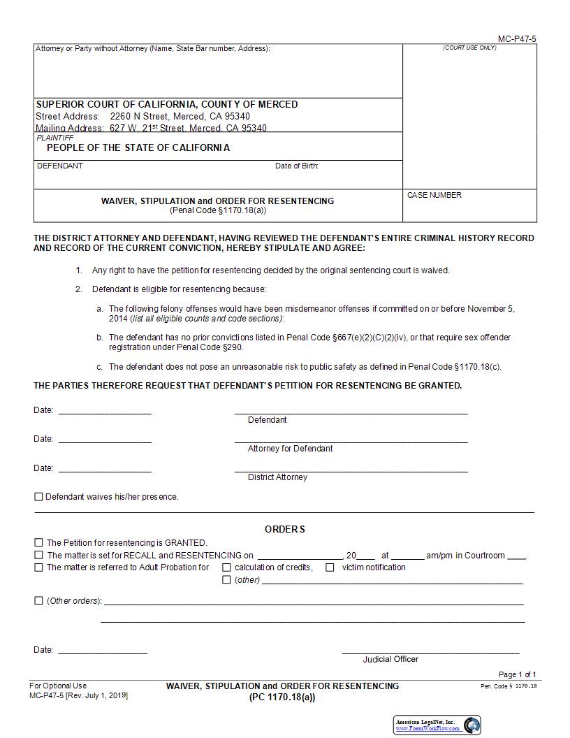 Waiver Stipulation And Order For Resentencing {MC-P47-5} | Pdf Fpdf Docx | California