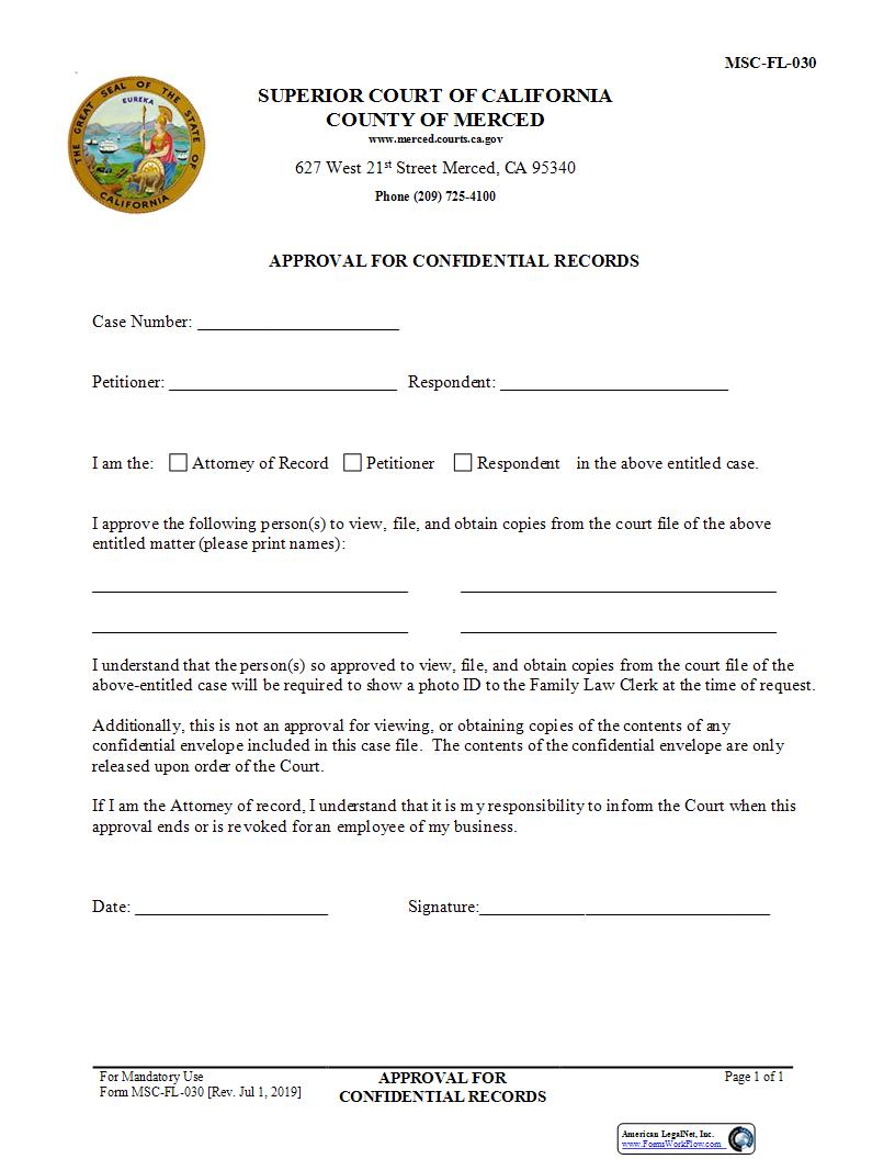 Approval For Confidential Records {MSC-FL-030} | Pdf Fpdf Docx | California