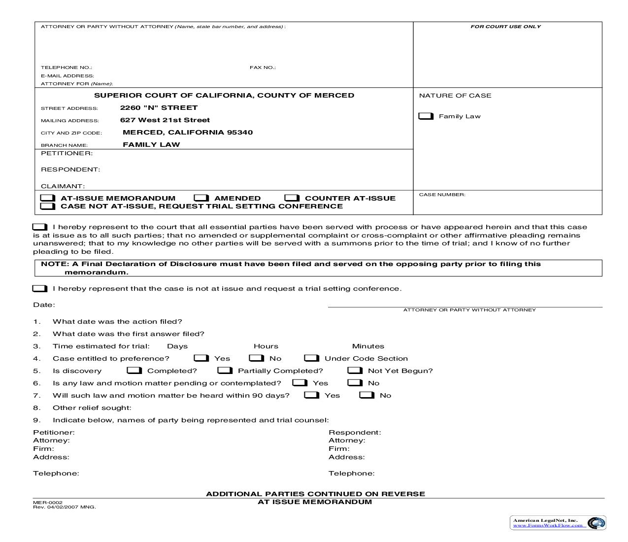 At Issue Memorandum (Family Law) {MER-0002} |  | California