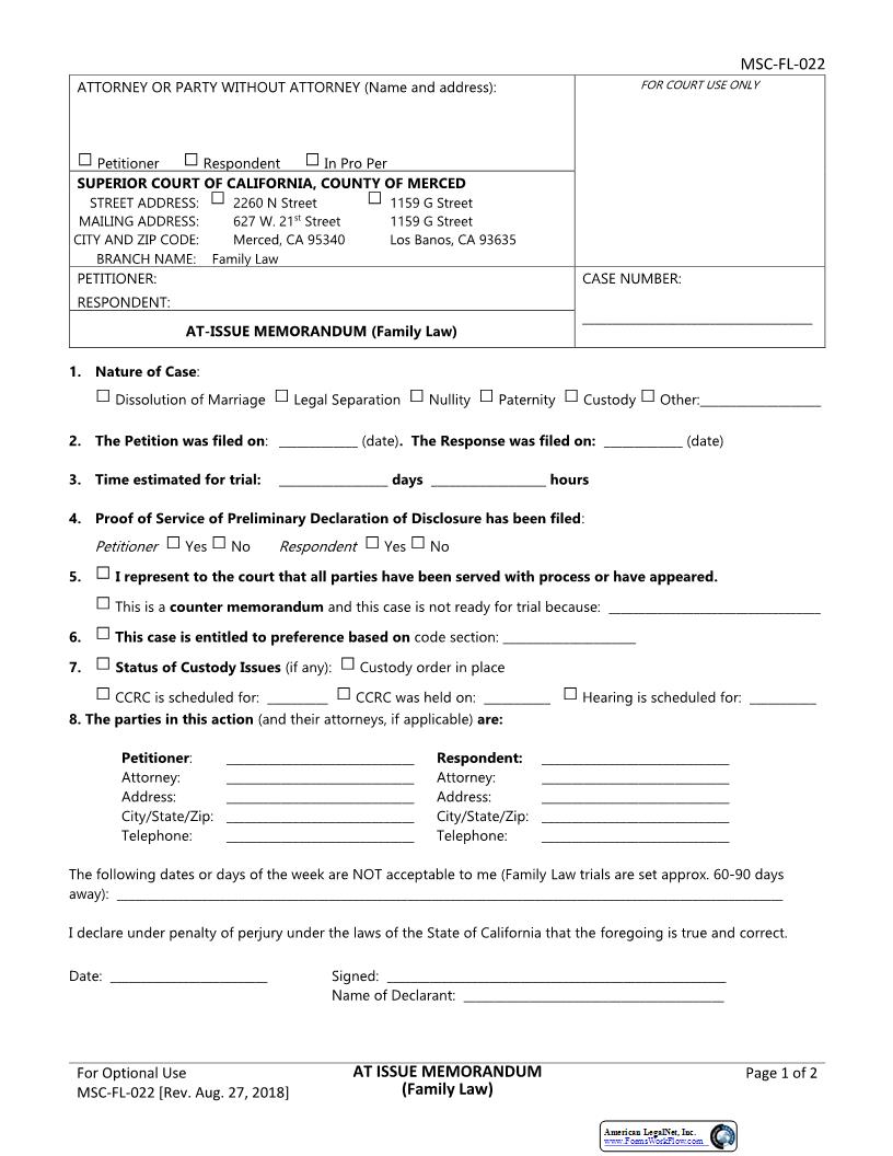 At-Issue Memorandum (Family Law) {MSC-FL-022} | Pdf Fpdf Docx | California