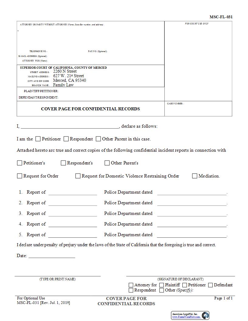 Cover Page For Confidential Records {MSC-FL-031} | Pdf Fpdf Docx | California