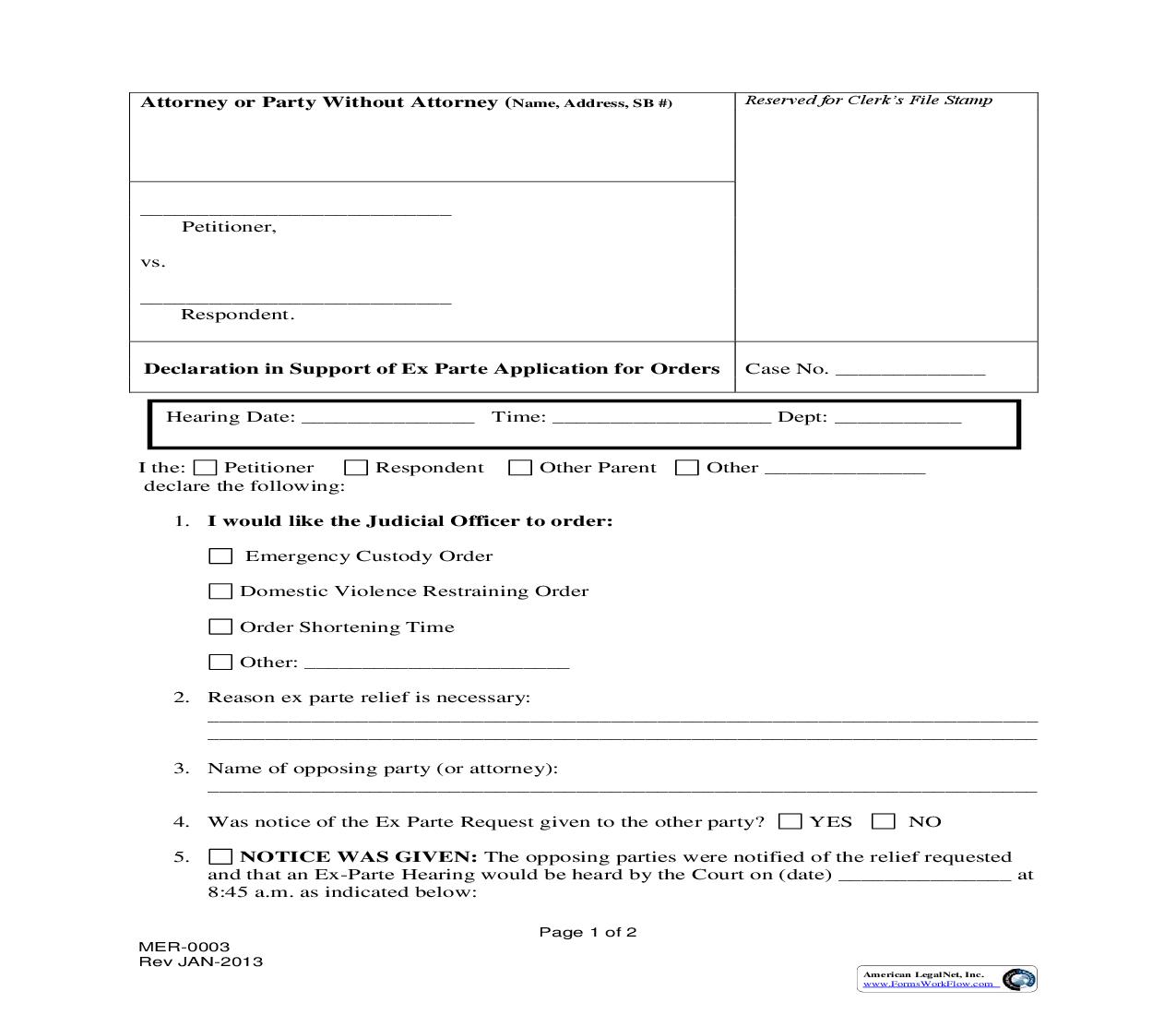 Declaration In Support Of Ex Parte Application {MER-0003} |  | California