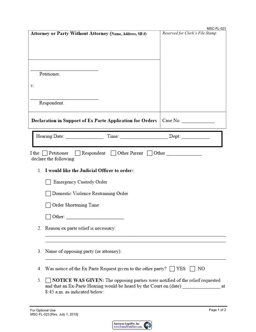 Declaration In Support Of Ex-Parte Application For Orders {MSC-FL-023} | Pdf Fpdf Docx | California