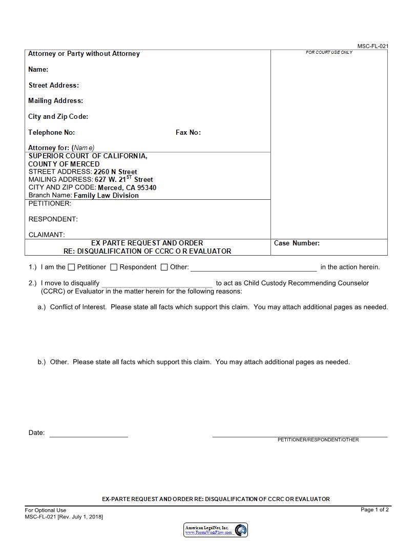 Ex-Parte Request And Order RE Disqualification Of CCRC Or Evaluator {MSC-FL-021} | Pdf Fpdf Docx | California