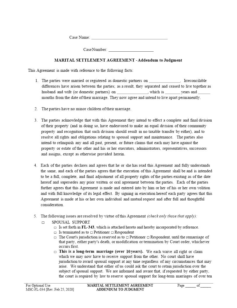 Marital Settlement Agreement Addendum {MSC-FL-034} | Pdf Fpdf Docx | California