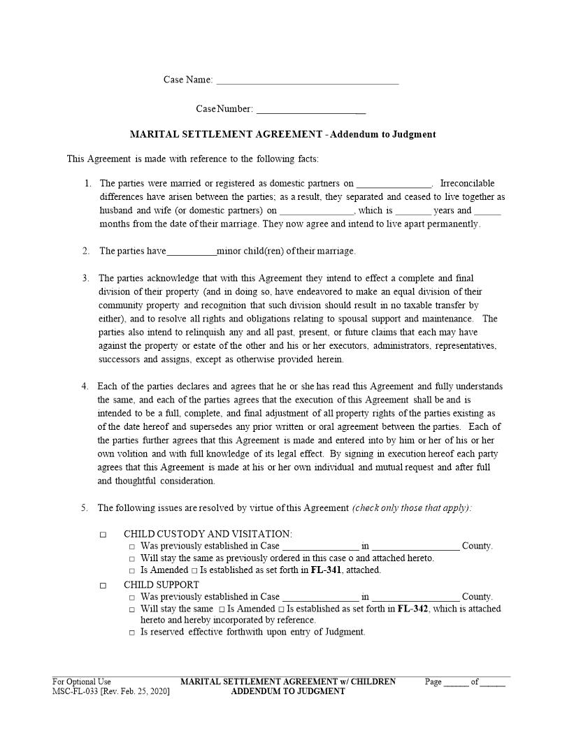 Marital Settlement Agreement-Addendum To Judgment {MSC-FL-033} | Pdf Fpdf Docx | California
