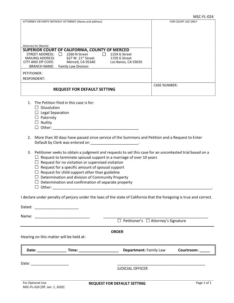 Request For Default Setting {MSC-FL-024} | Pdf Fpdf Docx | California