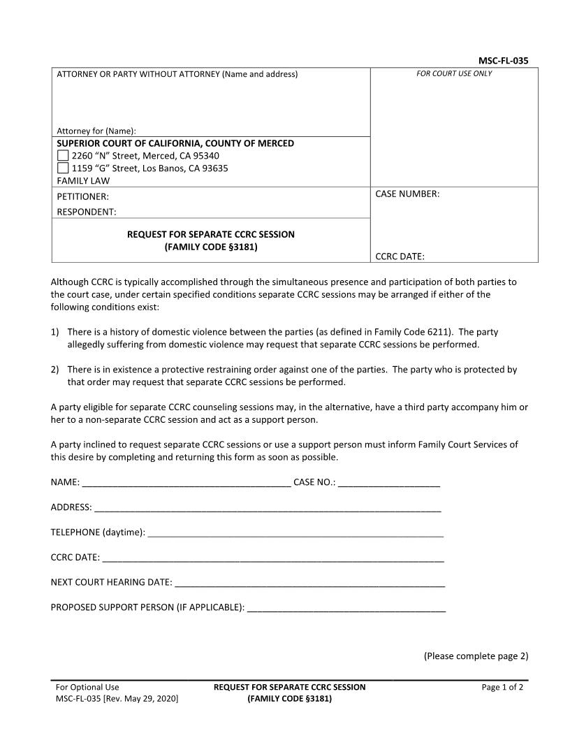 Request For Separate CCRC Session {MSC-FL-035} | Pdf Fpdf Docx | California