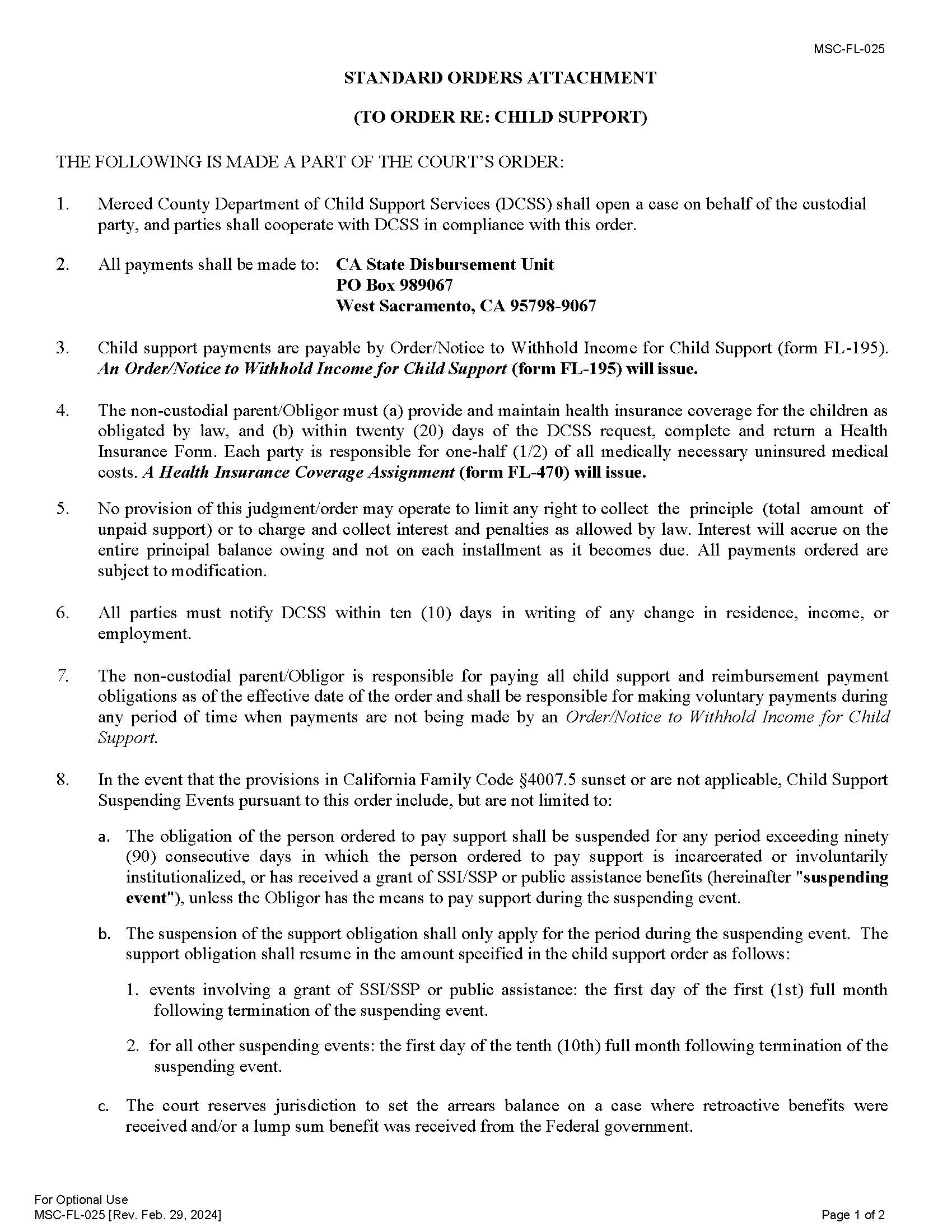 Standard Orders Attachment {MSC-FL-025} | Pdf Fpdf Docx | California