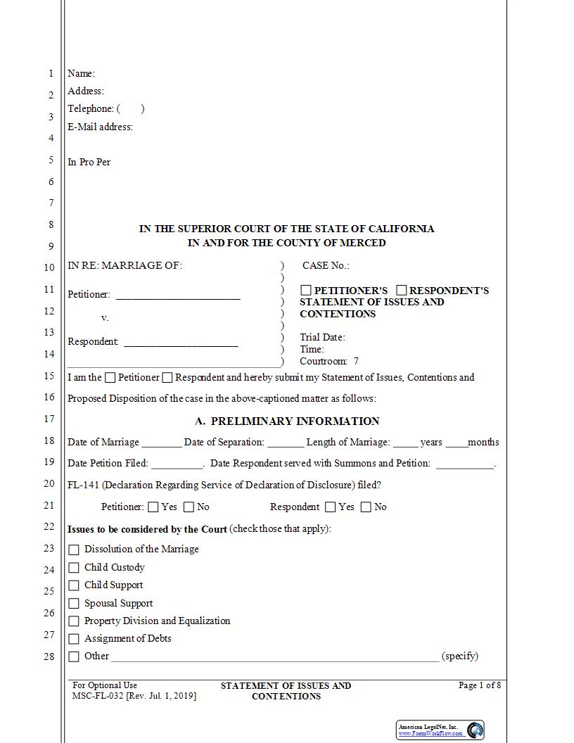 Statement Of Issues And Contentions {MSC-FL-032} | Pdf Fpdf Docx | California