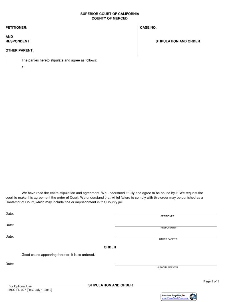 Stipulation And Order {MSC-FL-027} | Pdf Fpdf Docx | California