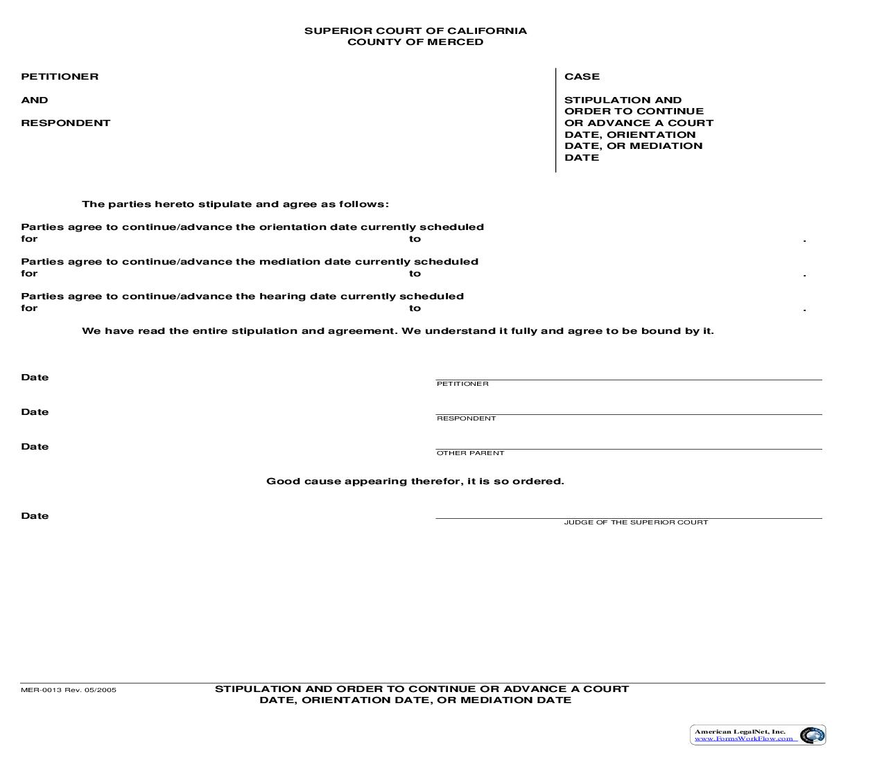 Stipulation And Order To Continue Or Advance A Court Date {MER-0013} |  | California
