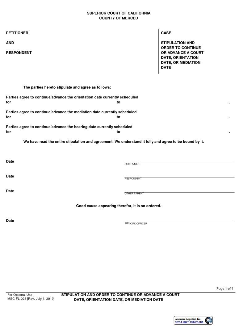 Stipulation And Order To Continue Or Advance A Court Date {MSC-FL-028} | Pdf Fpdf Docx | California